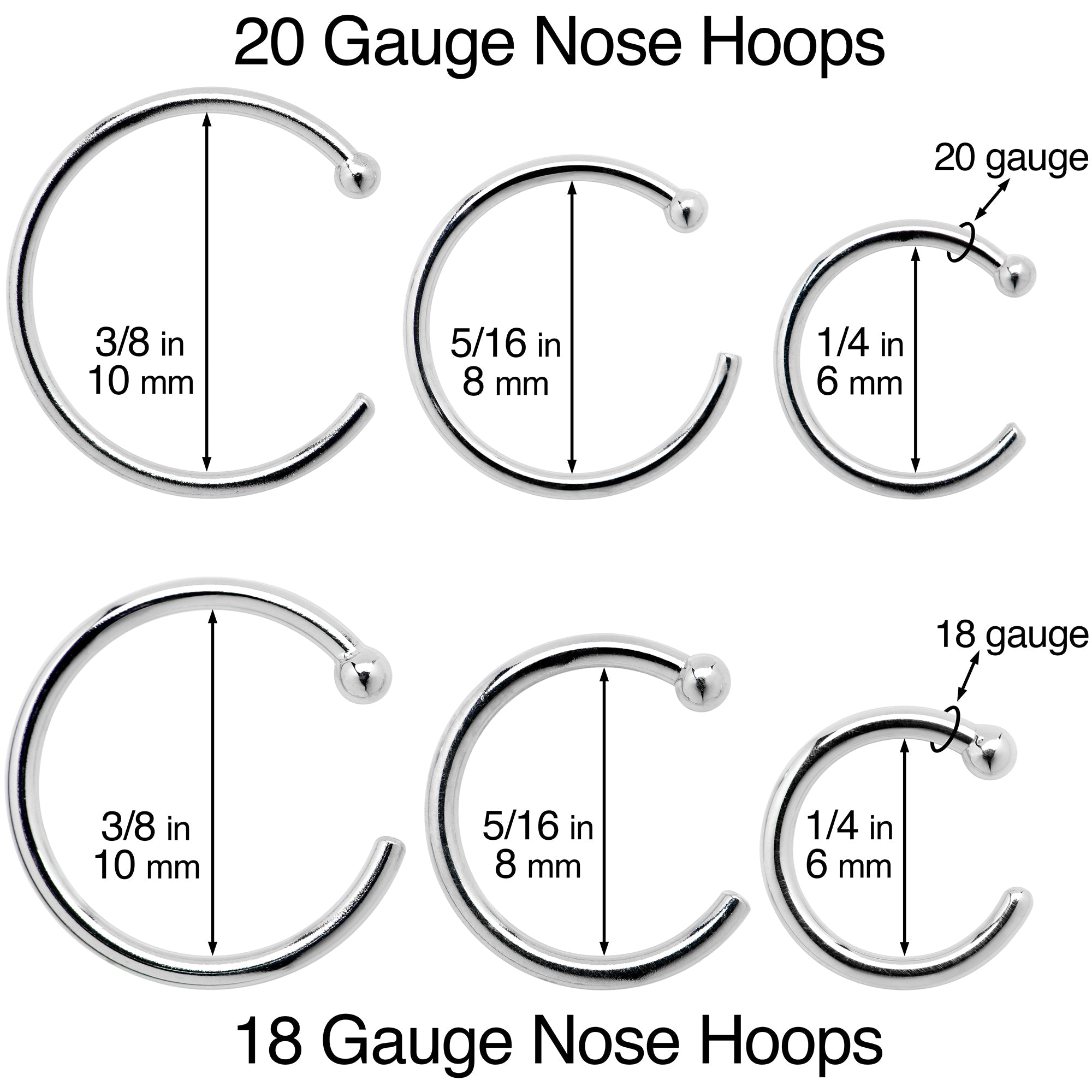 20G 3/8 Solid 14K White Gold Nose Hoop