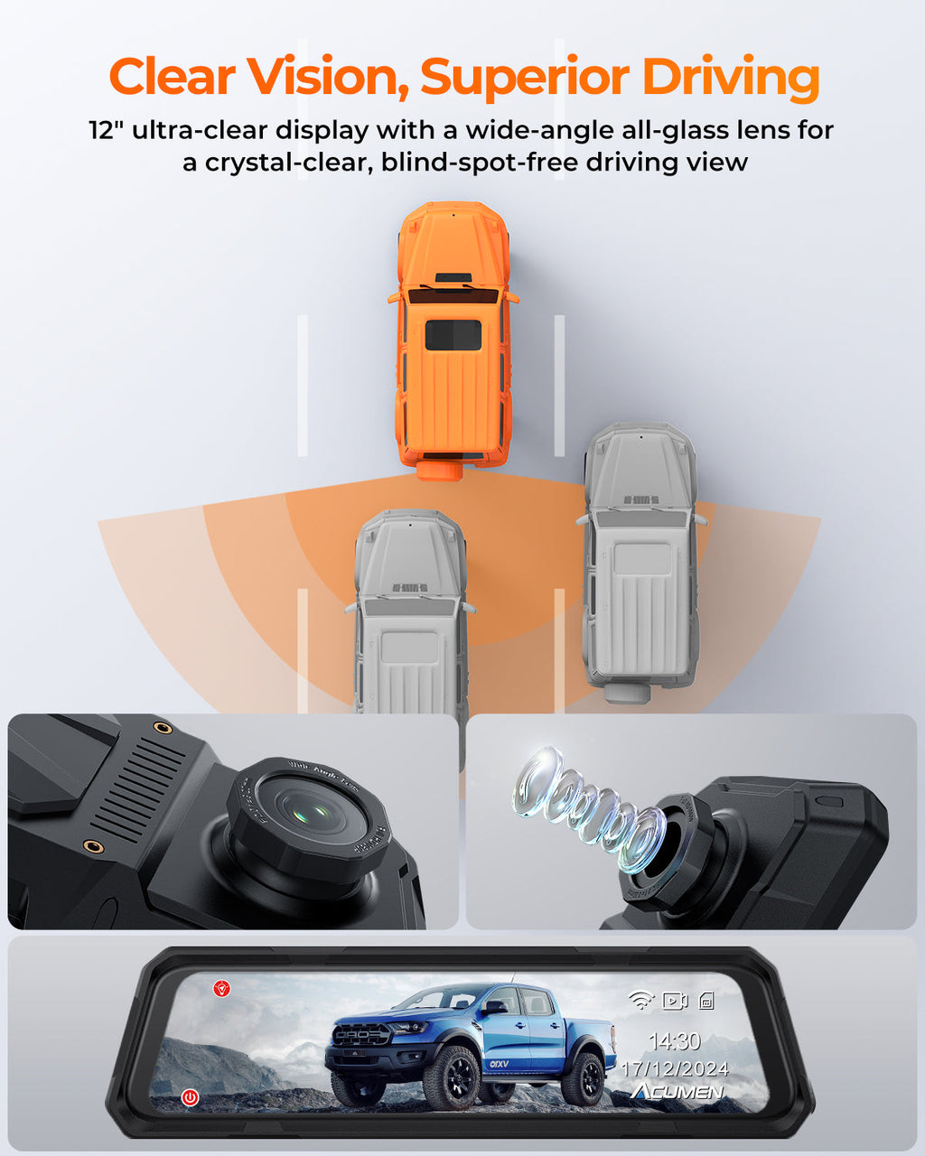 The Legend 3CH Waterproof Mirror Dash Cam, 1080P/60fps, 3-Cam