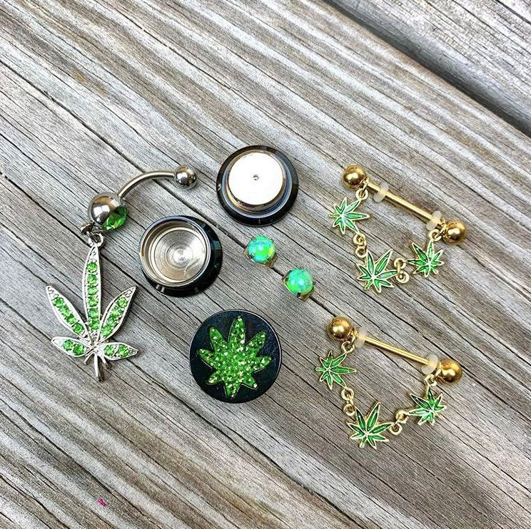 Green Gem 420 Somewhere Marijuana Dangle Belly Ring