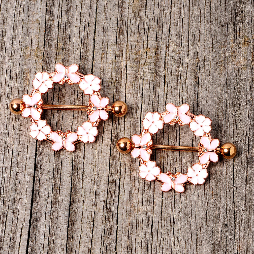 14G 9/16 Clear Gem Gold Tone Pink Butterfly Nipple Shield Set