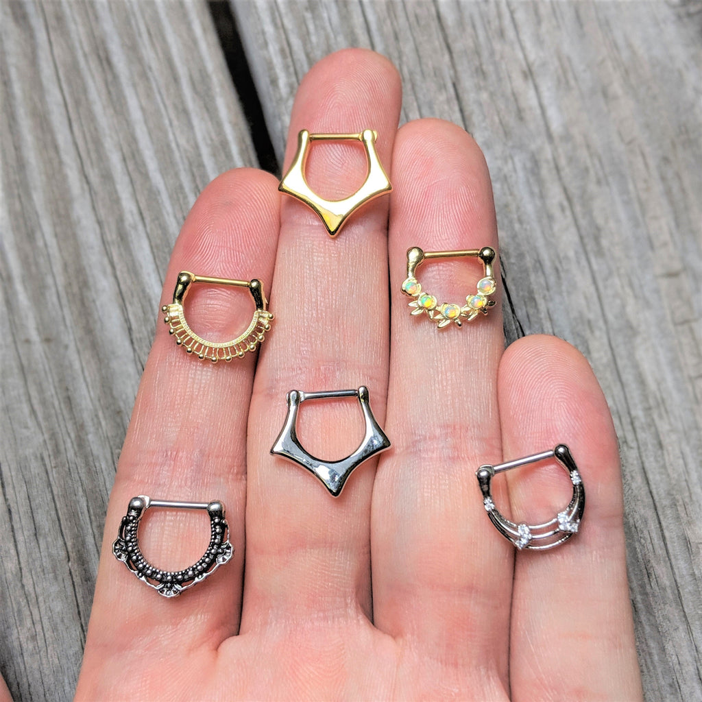 16G 5/16 White Synthetic Opal Gold Tone Flowers Septum Clicker