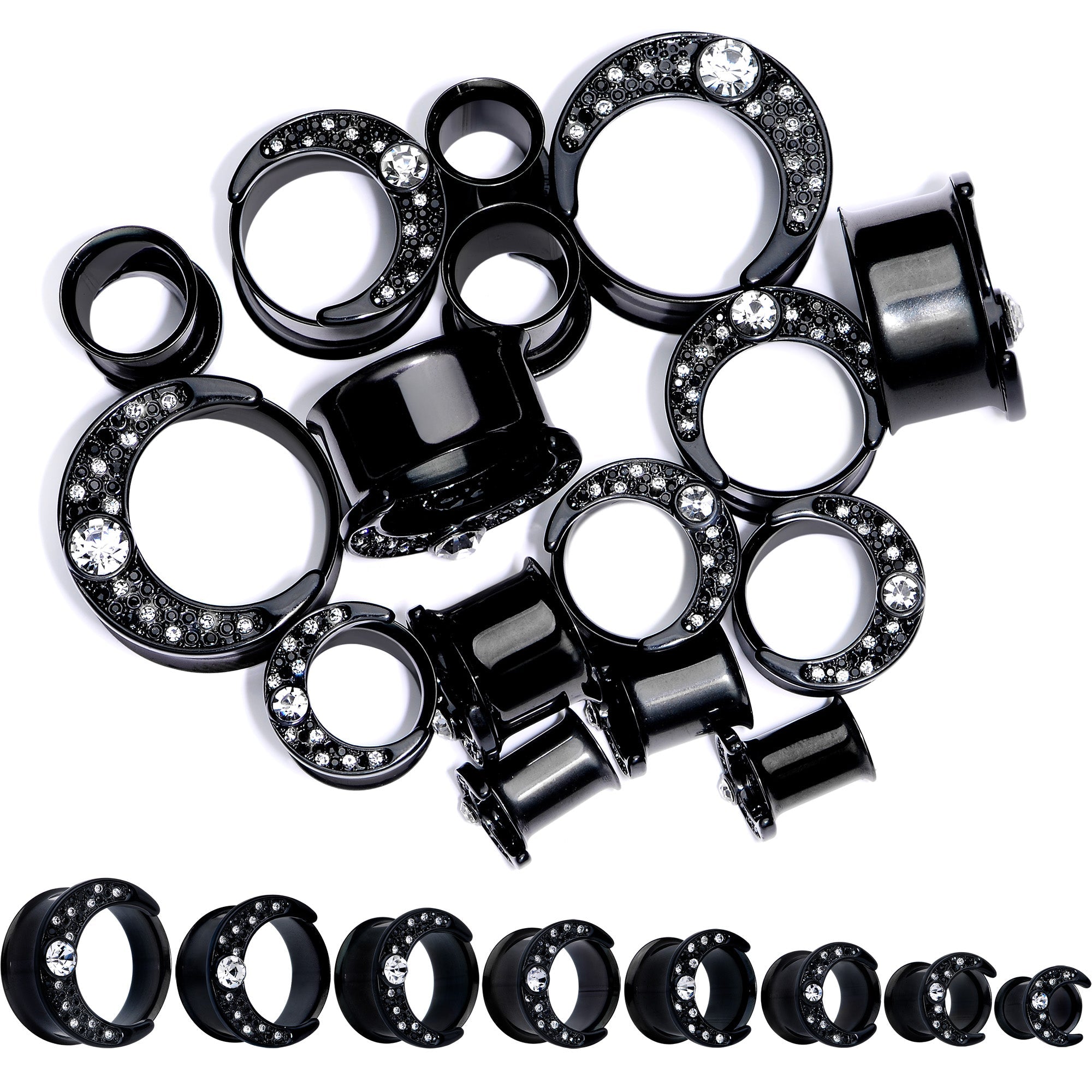 Clear Gem Black Crescent Moon Double Flare Tunnel Plug Set