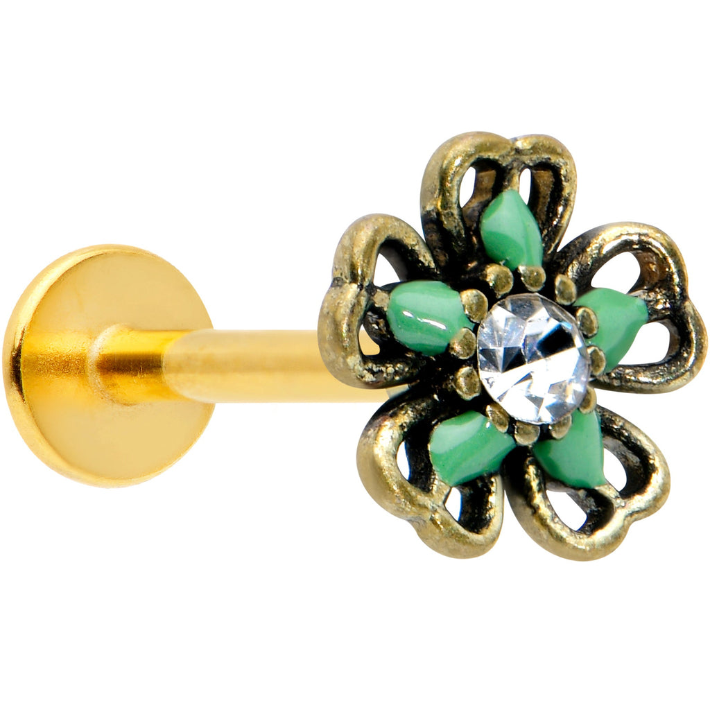 16G 5/16 Clear Gem Gold Tone Green Flower Labret Monroe Tragus
