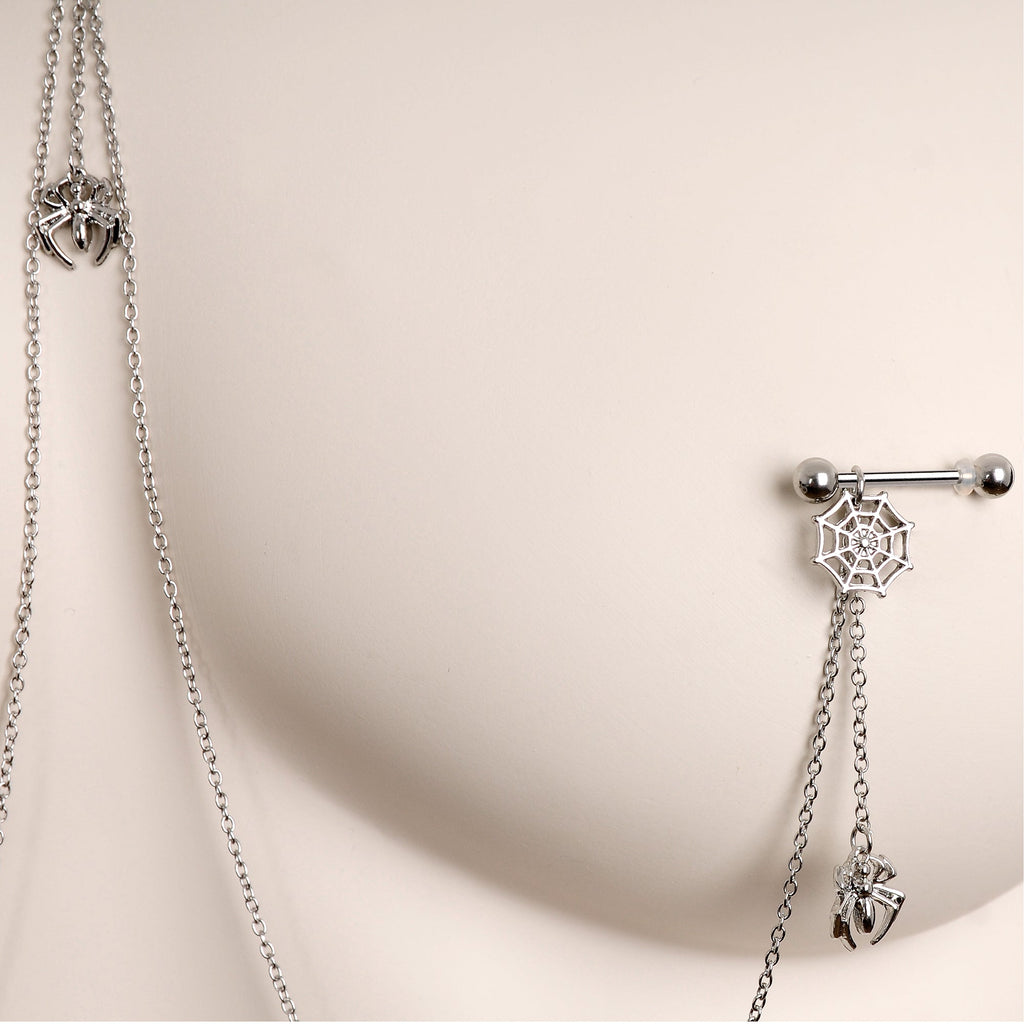 14G 9/16 Creepy Crawly Spider Web Halloween Nipple Chain Necklace