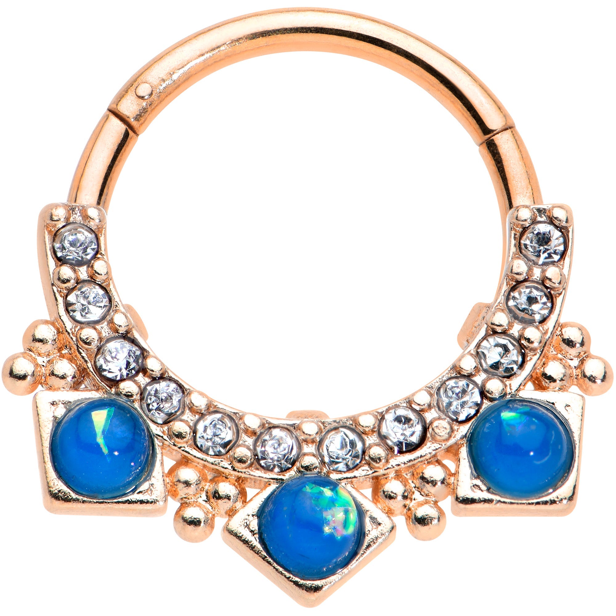 16G 3/8 Blue Faux Opal Rose Gold Tone Squares Hinged Segment Ring