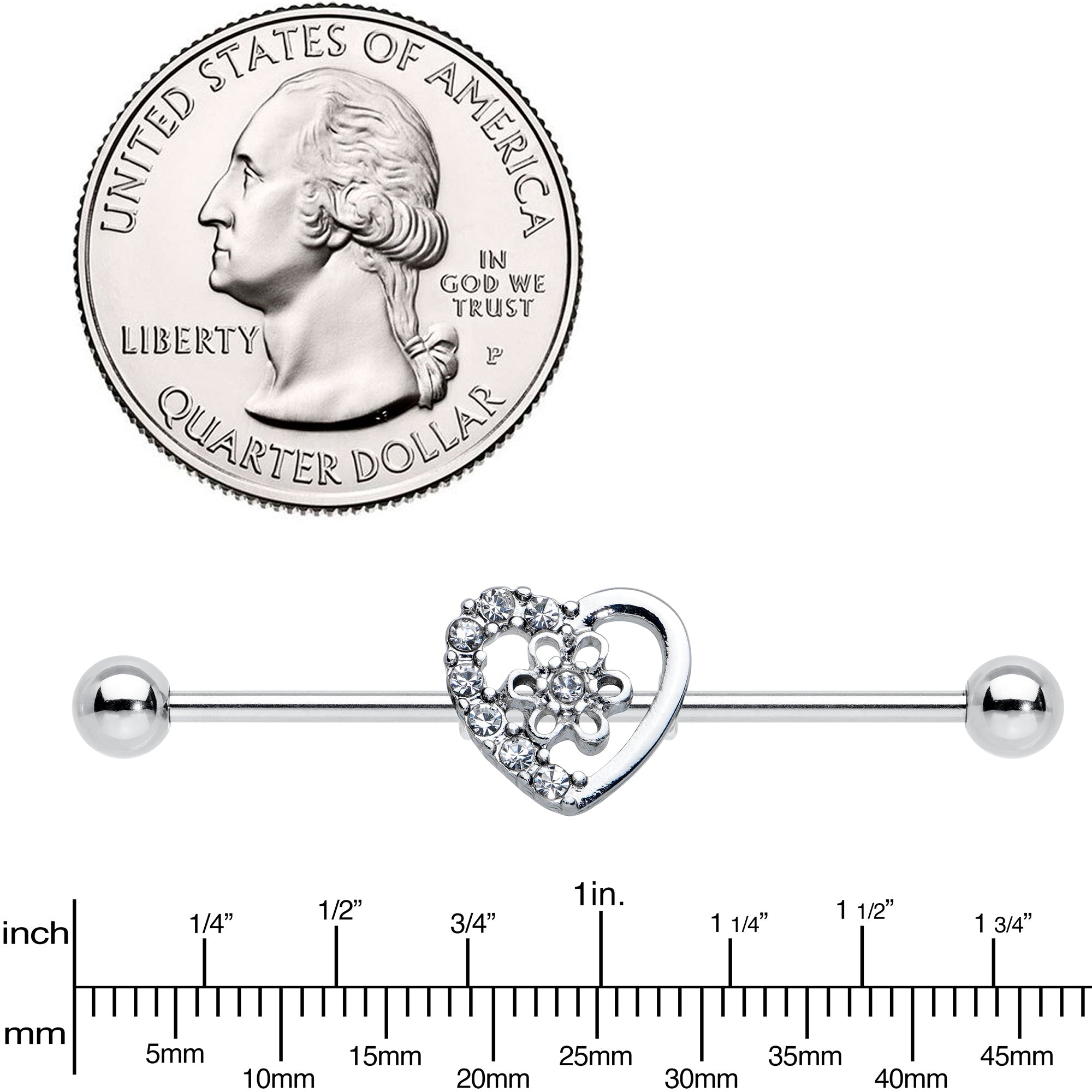 14G Clear Gem Floral Hollow Heart Industrial Barbell 38mm