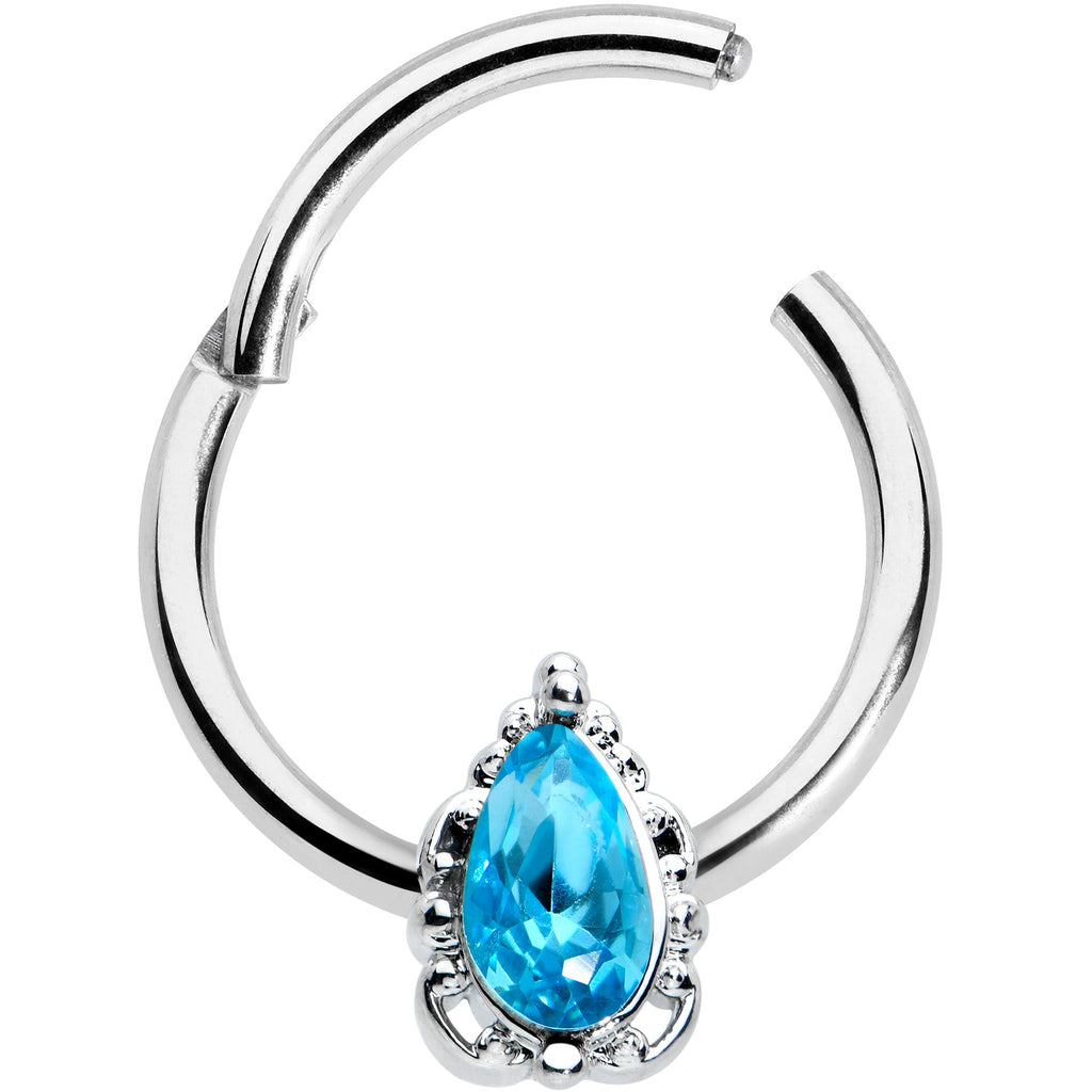 16G 3/8 Clear Blue Gem Oval Art Deco Hinged Segment Ring