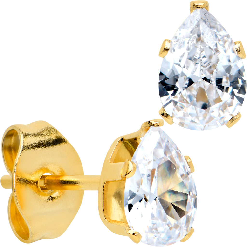 CZ Teardrop Clear Gold Tone Stainless Steel Stud Earrings 3mm to 7mm