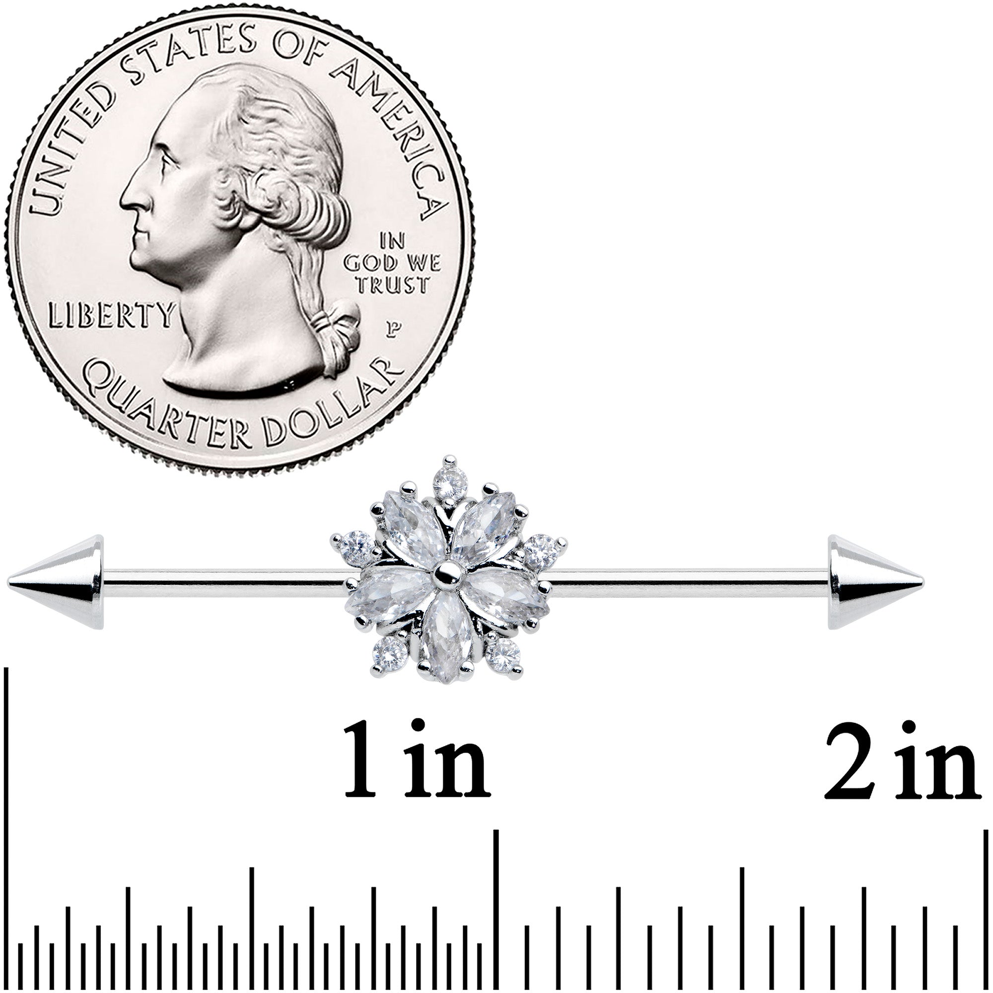 14G Clear CZ Gem Floral Burst Cone Ends Industrial Barbell 38mm
