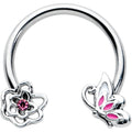 16G 3/8 Pink Butterfly Pink Gem Flower Horseshoe Circular Barbell
