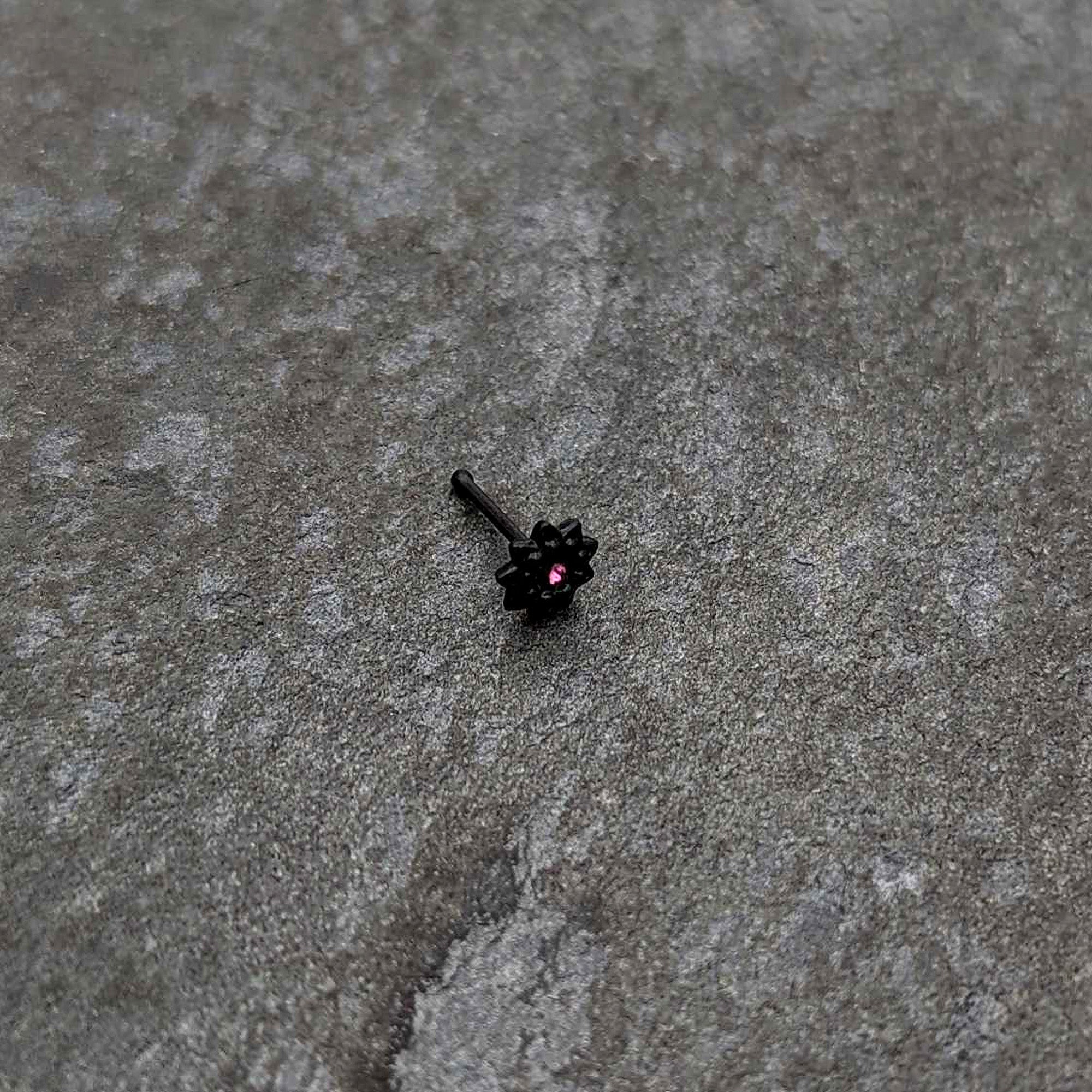 20G 1/4 Pink Gem Black Starry Flower Halloween Nose Bone