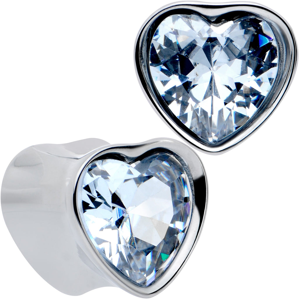 Stainless Steel CZ Gem Heart In Heart Double Flare Plug Set 8mm to 16mm