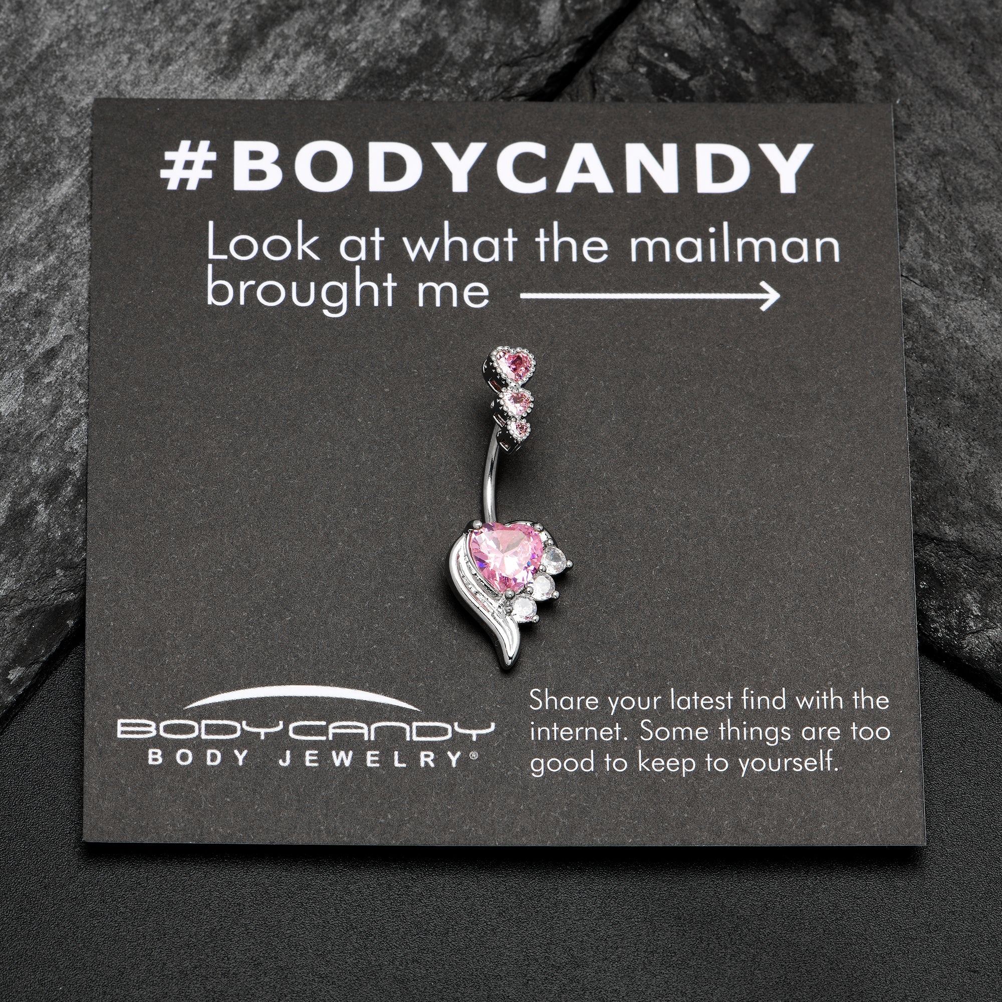 Pink CZ Gem Triple Drop Flare Heart Valentine Double Mount Belly Ring