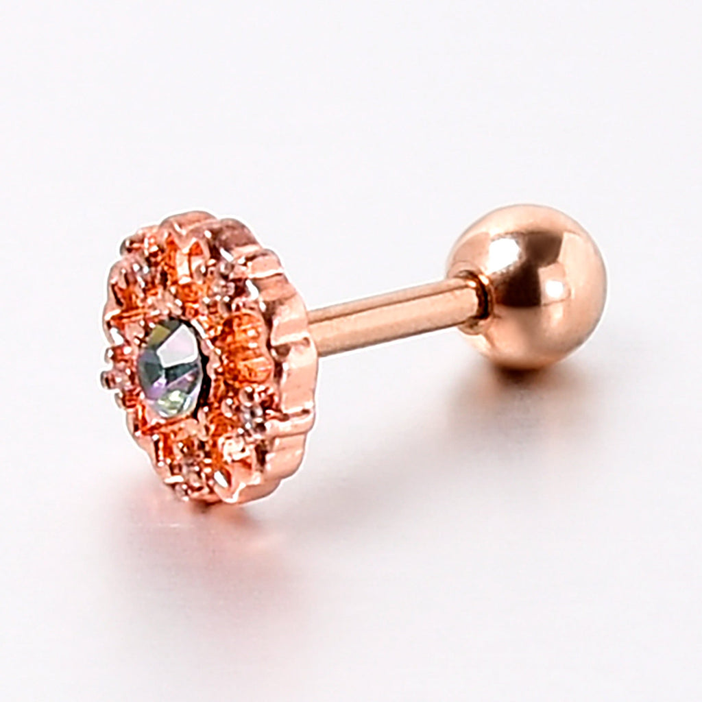 16G 1/4 Vitrail Gem Rosy Hue Flower Cartilage Tragus Earring