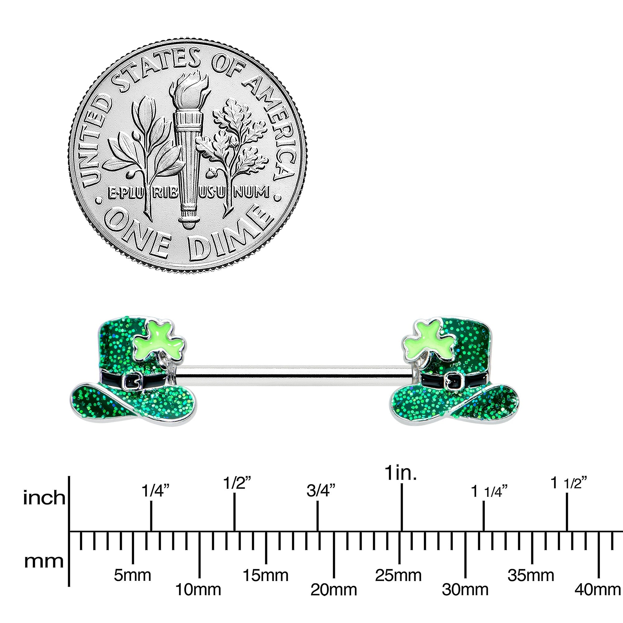 14G 9/16 Glitter Top Hat Shamrock Barbell Nipple Ring Set