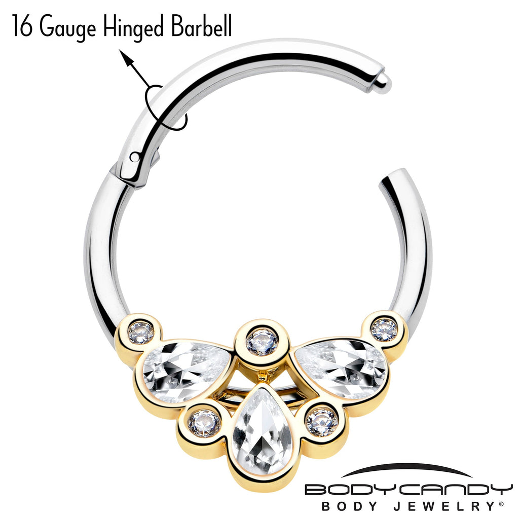16G 3/8 Clear Gem Golden Crown Deluxe Hinged Segment Ring