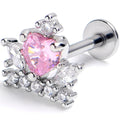 16G 5/16 Pink Clear Gem Heart Crown Labret Monroe Tragus
