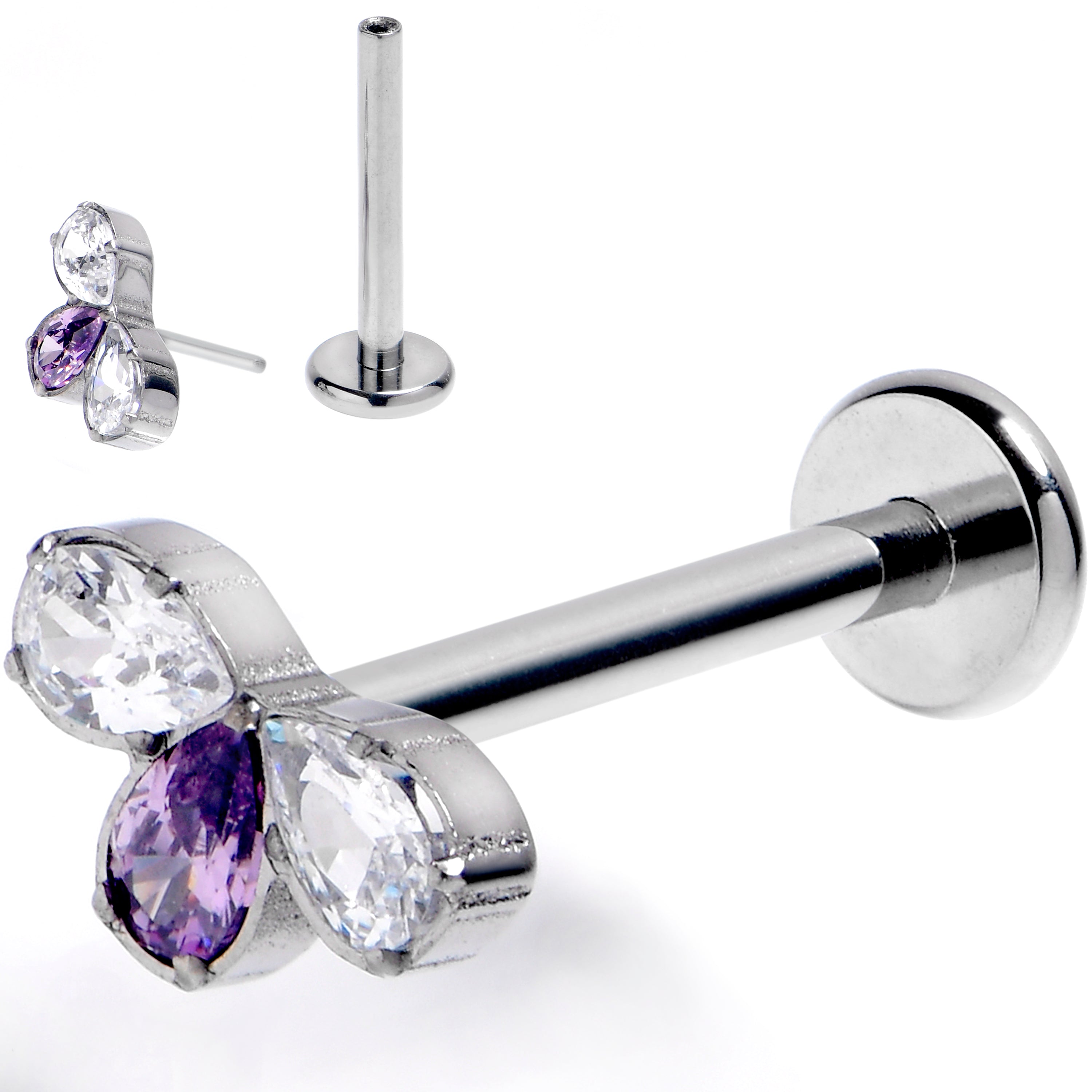 16G 3/8 Purple Gem Grade 23 Titanium Threadless Push In Labret Tragus