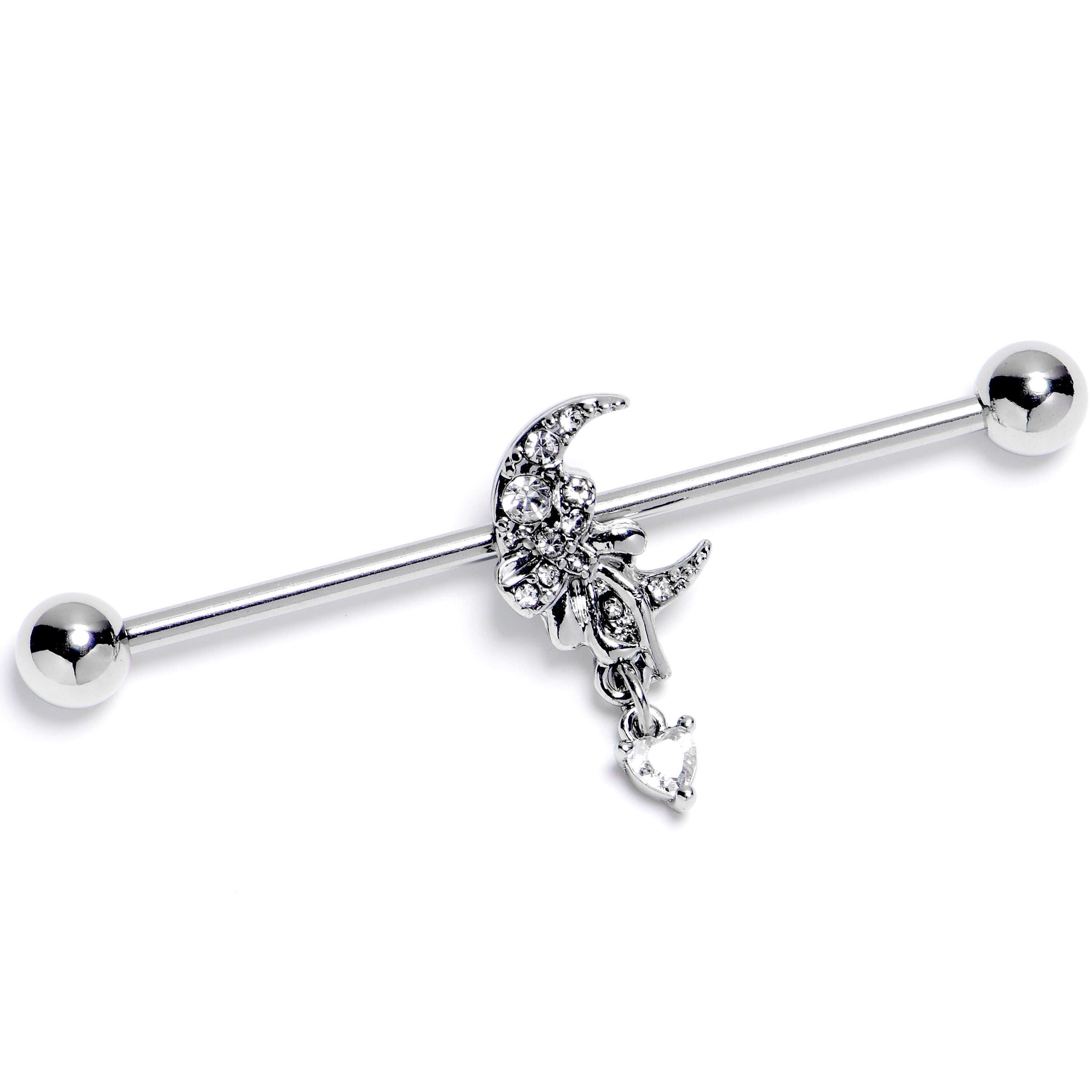 14G Clear CZ Gem Moon Bow Heart Dangle Industrial Barbell 38mm