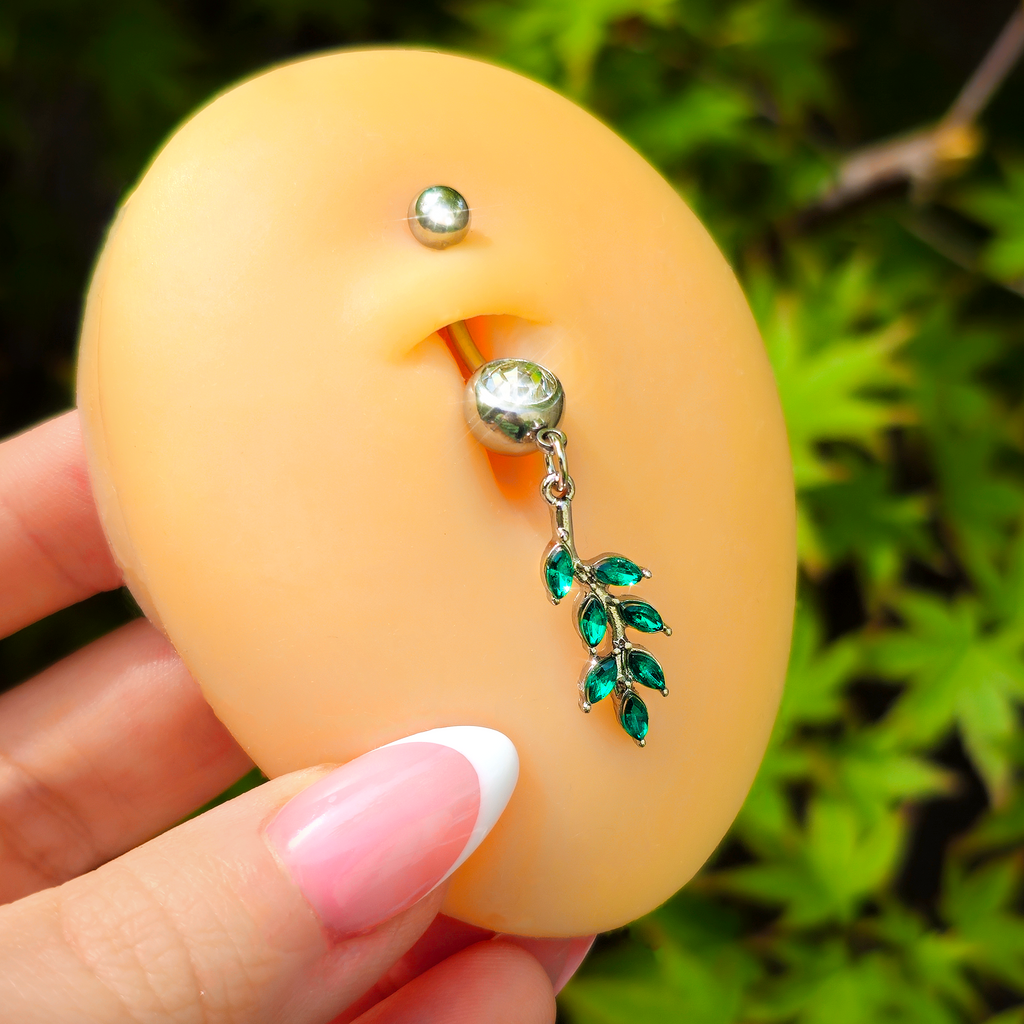 Green Clear Gem Leafy Luscious Branch Dangle Belly Ring