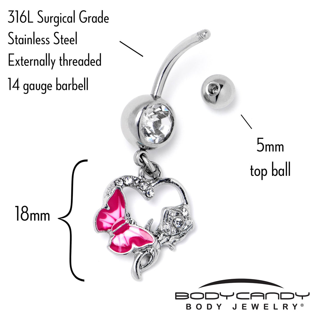 Clear Gem Butterfly Rose Flower Pink Dangle Belly Ring
