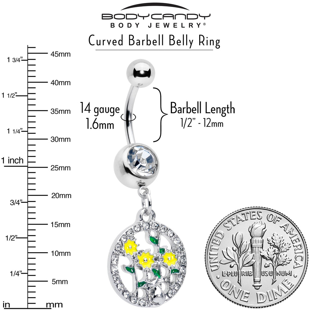 Clear Gem Cat Yellow Flowers Dangle Belly Ring