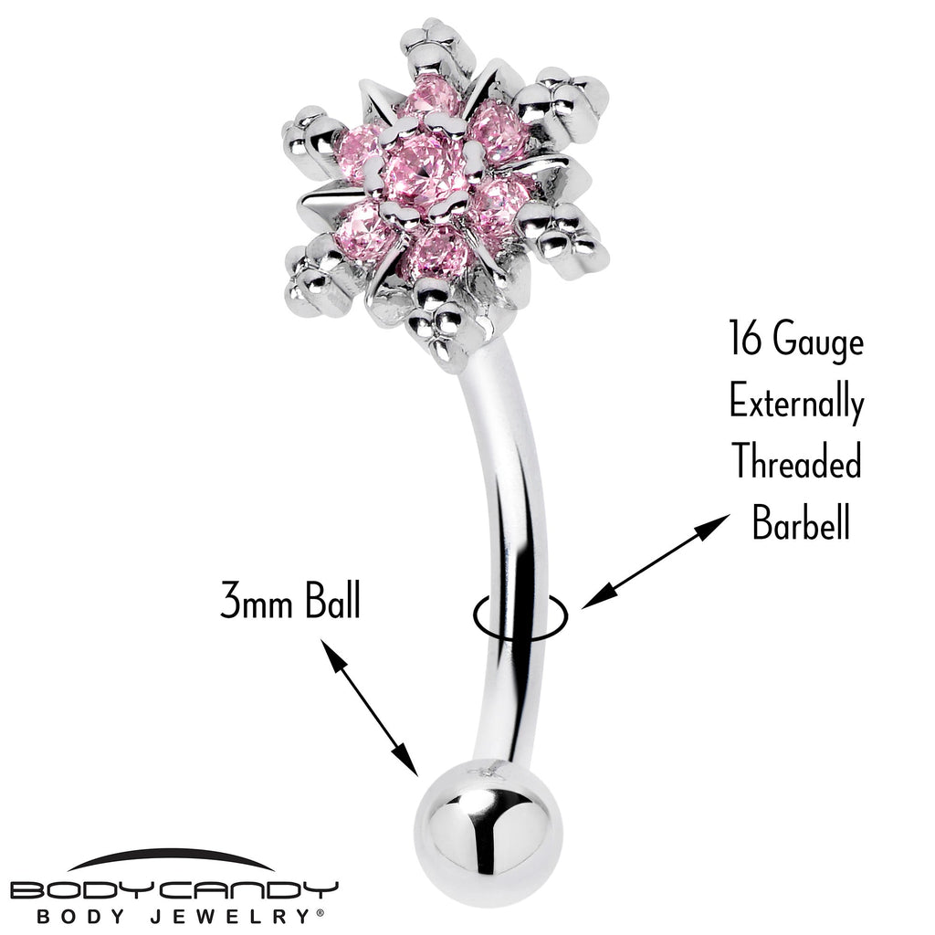 16G 5/16 Pink CZ Gem Snowflake Glam Curved Eyebrow Ring