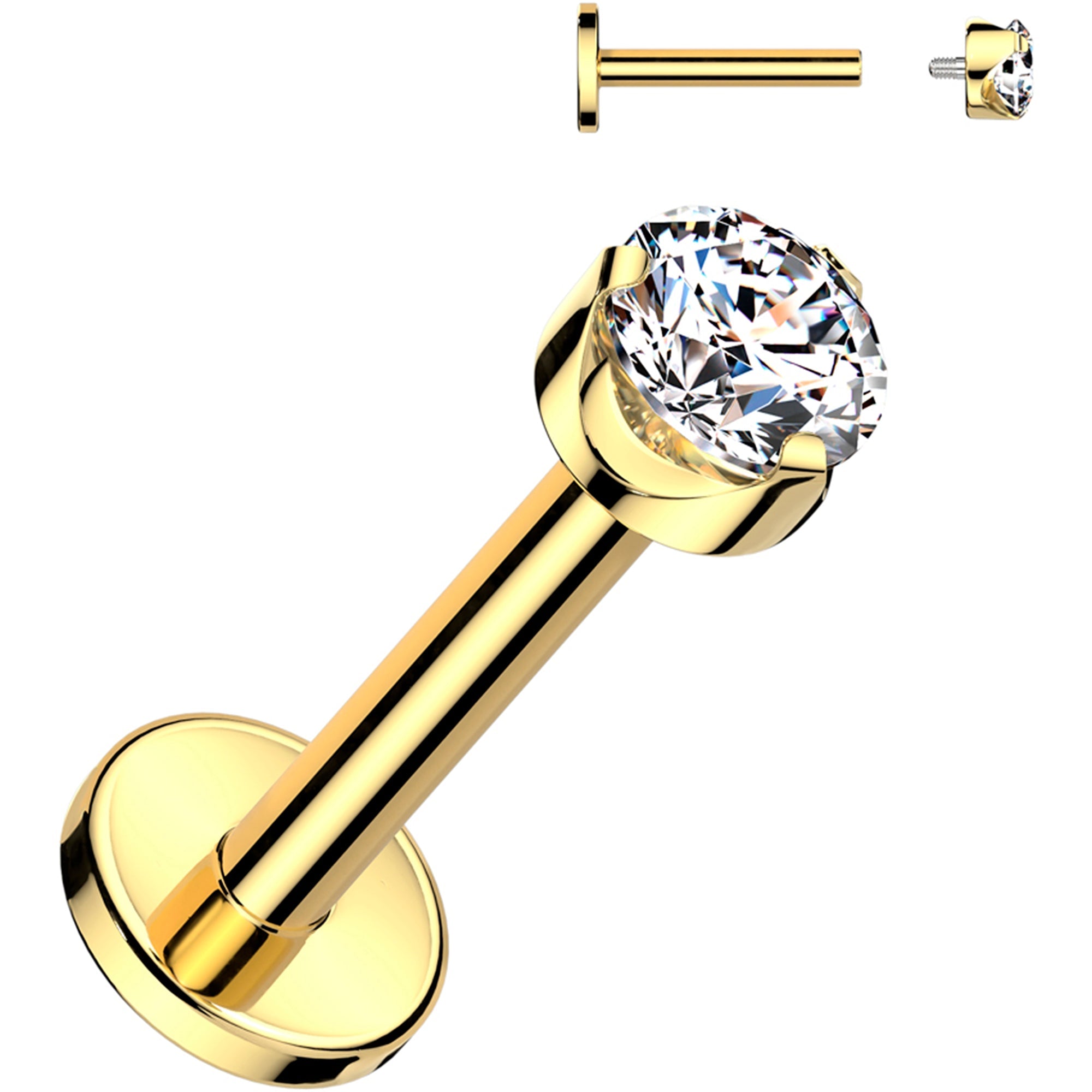 16G 1/4 3mm Clear CZ Round Gold PVD Medical Grade Titanium Flat Back Earring