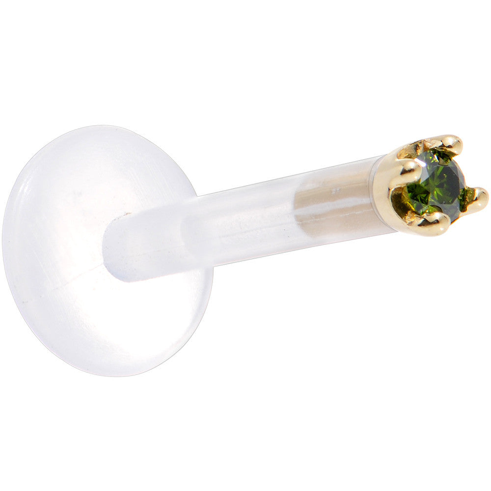 Solid 14K Yellow Gold 1.5mm Genuine Green Diamond Bioplast Push in Labret