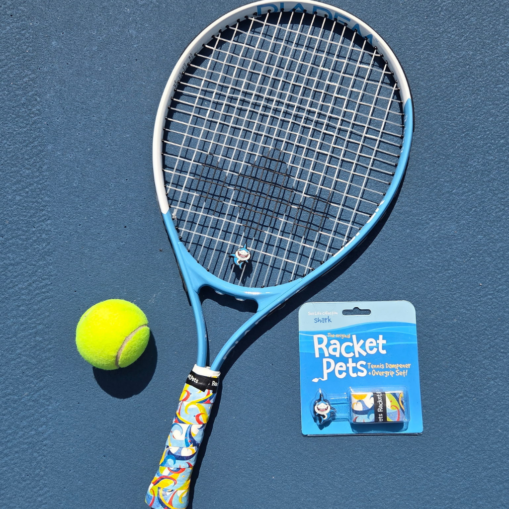 VALUE PACK - A Blue Shark Racket Pet Tennis Dampener and Blue Overgrip Tape with a (Pack of 2) Replacement Overgrip Tape