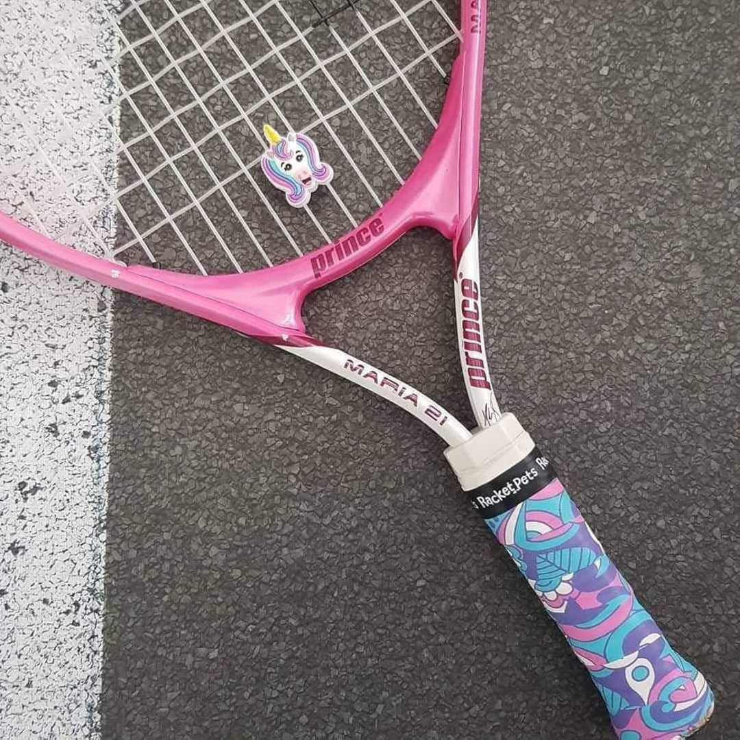 VALUE PACK - A Pink and Purple Unicorn Racket Pet Tennis Dampener and Overgrip Tape with a (Pack of 2) Replacement Overgrip Tape