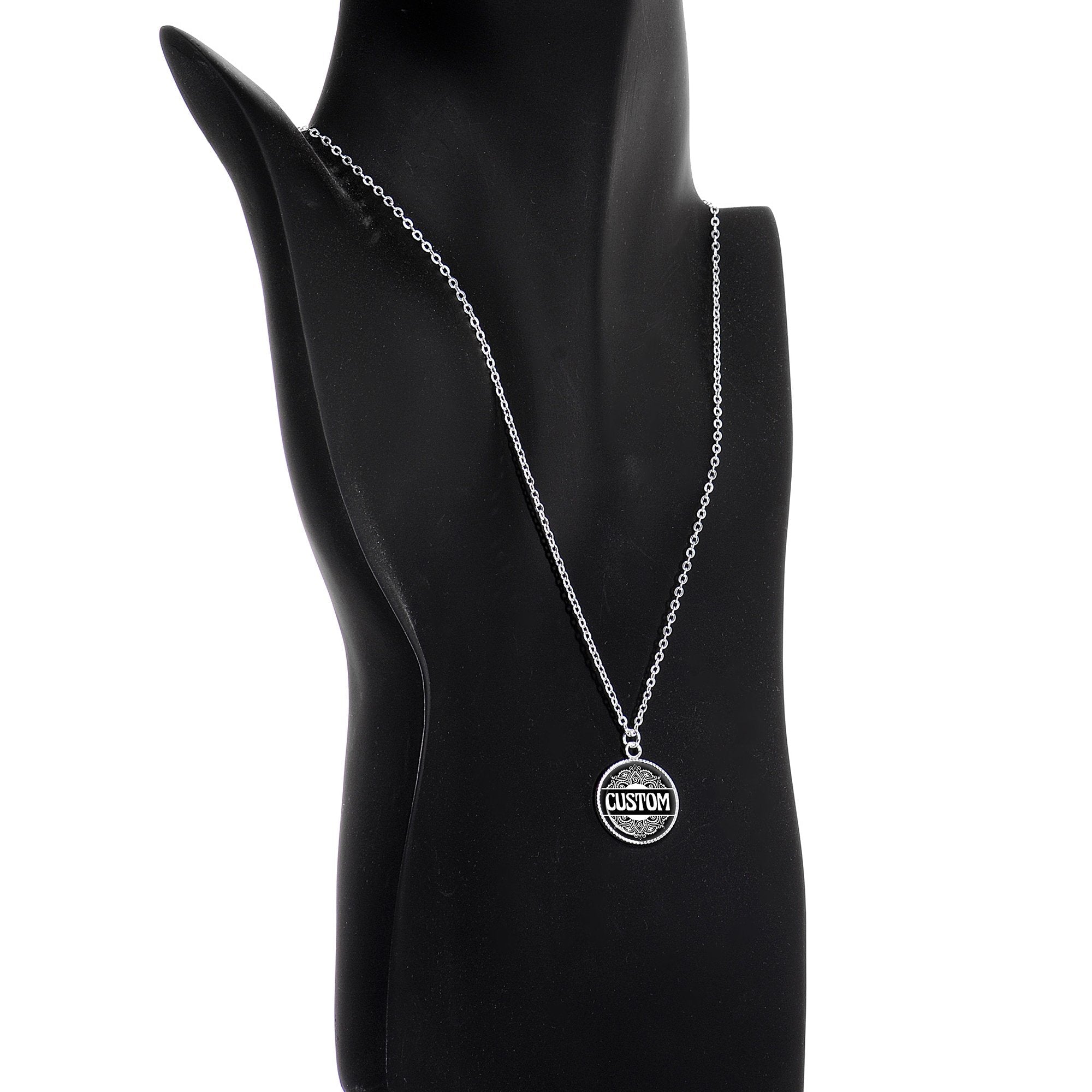 Custom Black Mandala Personalized Name Silver Plated Chain Necklace